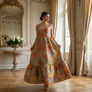 Mac Duggal Floral Brocade Maxi Dress in Coral, Yellow & Light Blue